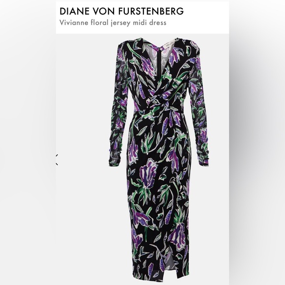 Diane Von Furstenberg Dresses & Skirts - Diane Von Furstenberg Vivienne Black and Purple Floral Midi Dress, Size XL, NWT
